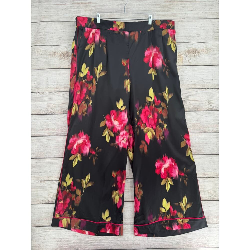 Torrid Wide Leg Streaky Satin High Rise Pants Women 3 Tall Black Pink Floral NEW